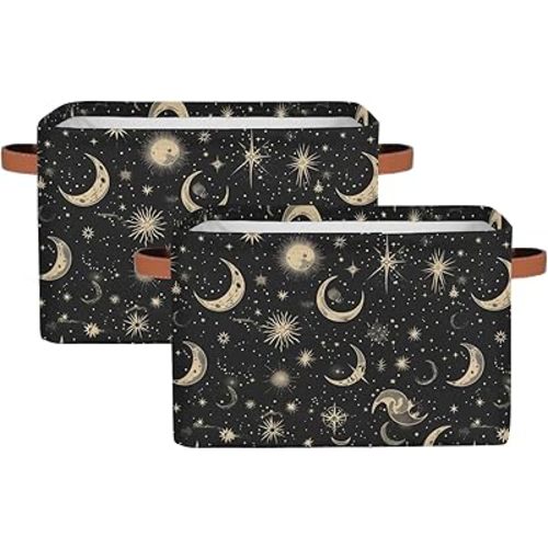 Moon and Stars Rectangle Storage Basket Vintage Galaxy Foldable Storage Bin Cubes with Handles Large Organizer Bins Boxes Toy Closet Shelf Nursery Laundry Basket Home Decor