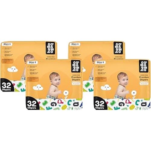 Hello Bello Premium Baby Diapers Size 1 I 32 Count of Disposable, Extra-Absorbent, Hypoallergenic Baby Diapers with Snug and Comfort Fit I Alphabet Soup (Pack of 4)
