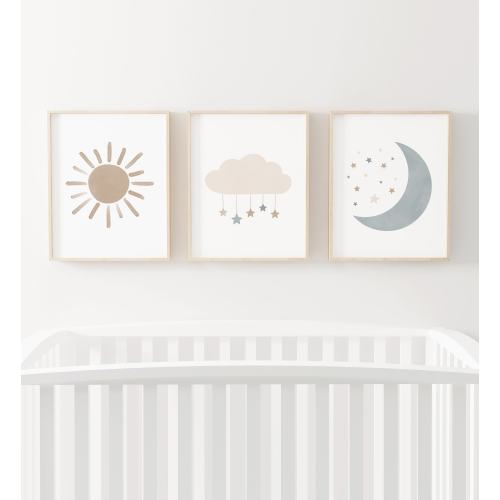 Neutral Cloud Moon and Sun Set of 3 Prints, Boy Nursery Decor, PRINTABLE Wall Art, Boho Kids Room Decor, DIGITAL DOWNLOAD