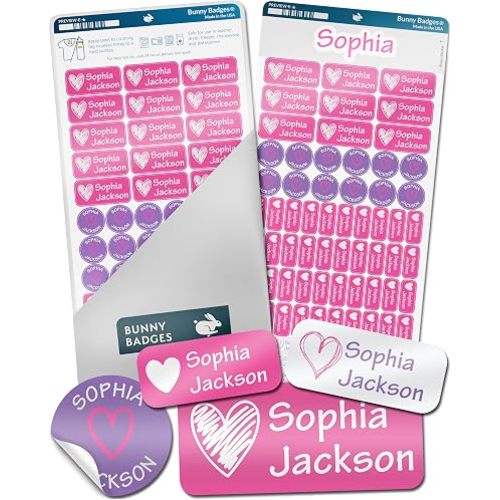 Bunny Badges Personalized Daycare Name Labels for Kids (130 Labels) - Custom Waterproof Name Stickers for Clothing Tags, Water Bottles, Lunch Boxes and School Supplies (Hearts)