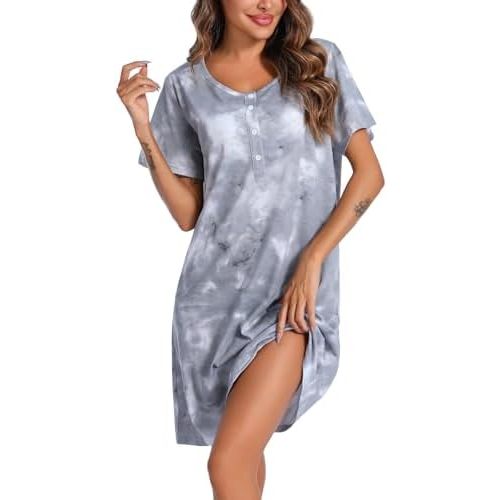 ENJOYNIGHT Womens Short Sleeve Nightgown Tie Dye Nightshirt Nursing Sleepshirts Breastfeeding Sleep Dress