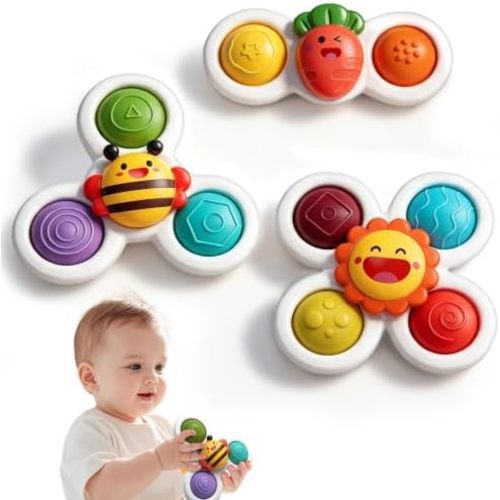 3PC Suction Spinner Toys for Babies 12 Months, Bath & Window Suction Toys, Airplane Travel Activities, Montessori Sensory Fidget Toys, Easter Basket Stuffers Gifts for 1 Year Old Boys Girls