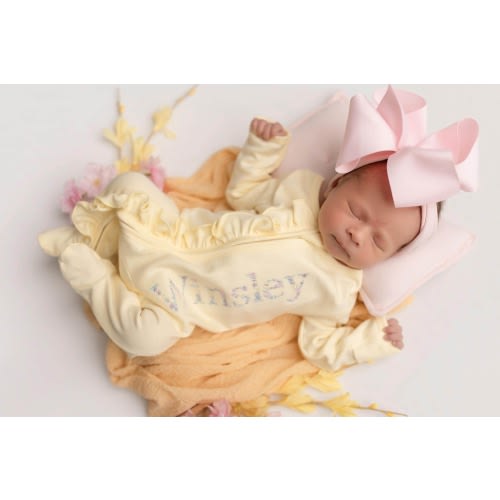 Baby girl coming home outfit, yellow, Newborn baby girl outfit, monogrammed baby girl coming home set, baby shower gift, footie floral yello
