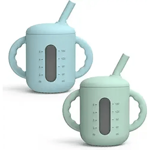 Seposeve 2 Pack Silicone Sippy Cups, Leak-Proof Baby Straw Cup for 6-12 Months, Spill Proof Toddler Cup with Straw 1-3 Years, with Capacity Marking, Non-slip Handle, Flow Control, 6 oz, Green Blue