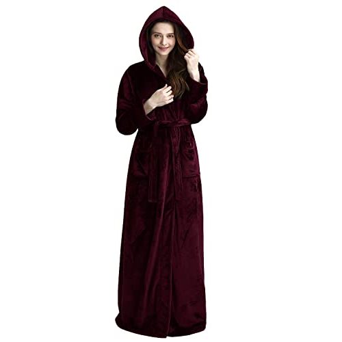 Artfasion Women Hood Plush Robes: Full Long Fluffy Fleece Warm Bathrobes | Soft Hooded Floor Length Bath Robes With Belt And Pockets Warm Winter Gift For Women Mom Wife Festival And Cold Weather