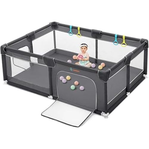 COMOMY Playpens for Babies and Toddlers, 74"x50" Playard Extra Large, Safe and Non-Slip Baby Fence, Full Mesh Design, Indoor & Outdoor Kids Activity Center, Play Pens (Dark Grey)