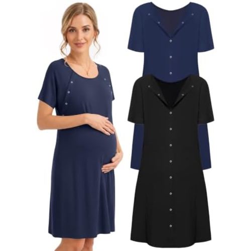 Ekouaer 2 Pack Labor and Delivery Gown 3 in 1 Maternity Nursing Hospital Nightgown Short Sleeve Breastfeeding Gowns