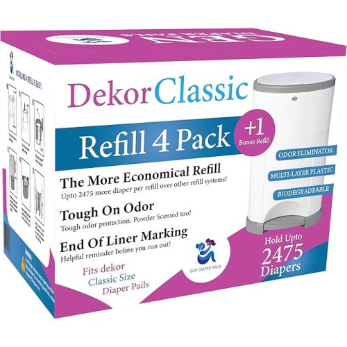 Pack of 4 +1 More Diaper Refill Liners Refills Compatible with DEKOR CLASSIC Diaper Pails Exclusive 30% Extra Thickness Diaper Pail Refills with Powerful Odor Elimination Leakage-proof, Powder Scent