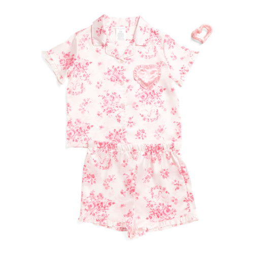 Girls 2pc Satin Ruffled Floral Short Pajama Set With Hair Clip | Clothing | T.J.Maxx