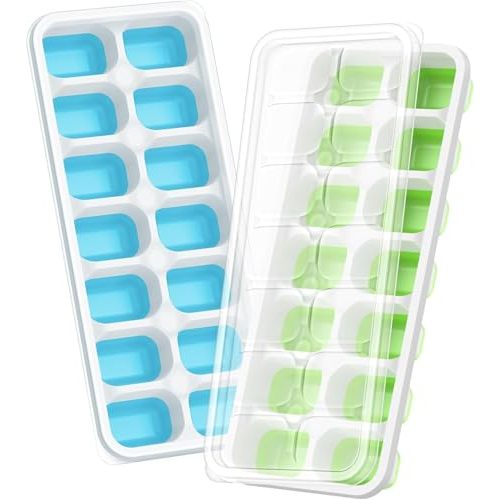 ChefAide Ice Cube Tray with Lid, 2 Packs 28 Cubes Durable Stackable Ice Cube Trays for Freezer with Removable Lids, Easy-Release Plastic & Silicone Ice Tray for Cocktail, Coffee