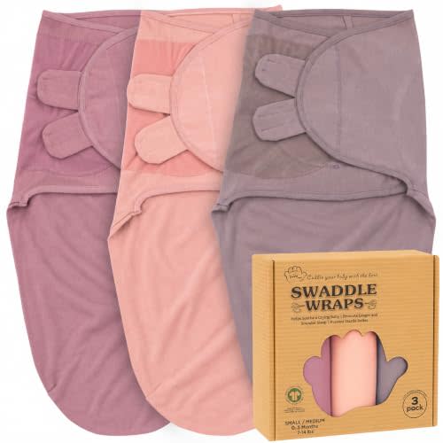 Newborn Swaddle Blanket 3-Pack, S/M 0-3 Months, GOTS Certified Organic Cotton, Adjustable Hook-and-Loop Wrap, Soft Breathable Sleep Sack, Reduces Startle Reflex for Boys & Girls