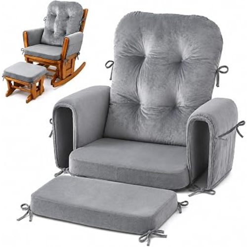 Glider Rocker Replacement Cushions Set, Filled with Shredded Memory Foam and Sponge, Soft Velvet Rocking Chair Cushions with Side Pockets, Removable Washable Cover and Ties