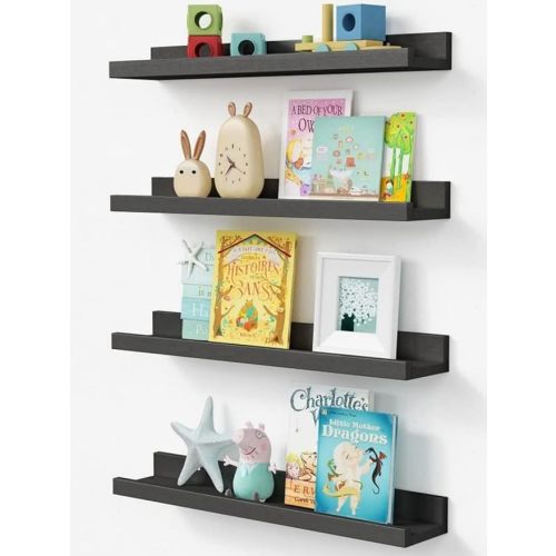 Forbena 24 Inch Long Picture Ledge Shelf Set of 4, Black Wood Floating Shelves with Lip for Wall, Rustic Display Shelves for Living Room Bedroom Bathroom Office Photo Frames Plants Books Art Decor