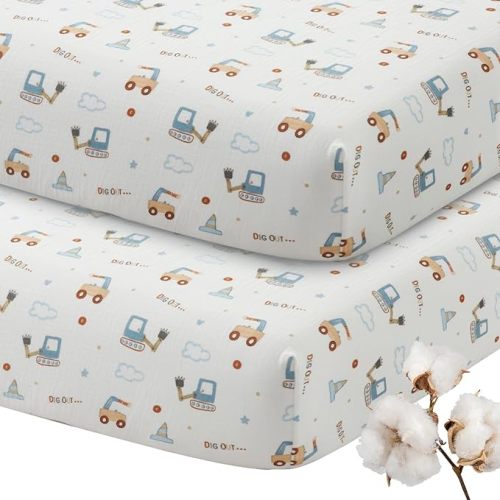 SiinvdaBZX 2 Pack Muslin Crib Sheets for Boys, Ultra Soft Cotton Breathable Fitted Baby Crib Mattress Sheets for 52"x28" Standard Toddler Mattress (2Pcs Construction Trucks)