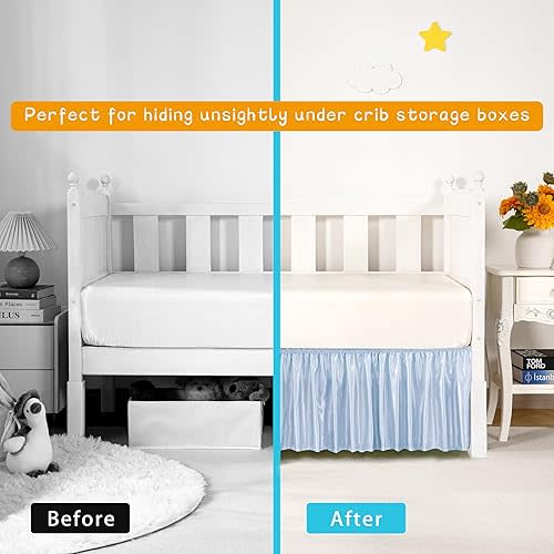 Baby Blue Satin Crib Bed Skirt, 52" x 28" with 14" Drop Silky Soft Baby Crib Skirt for Baby Girls or Boys, Fit for Standard Crib & Toddler Bedding