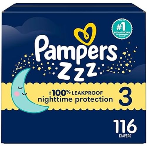 Pampers ZZZ Overnight Diapers, Size 3 (16-28 lbs), 116 Count, Nighttime Protection Disposable Baby Diaper, Night Time Leak and Skin Protection