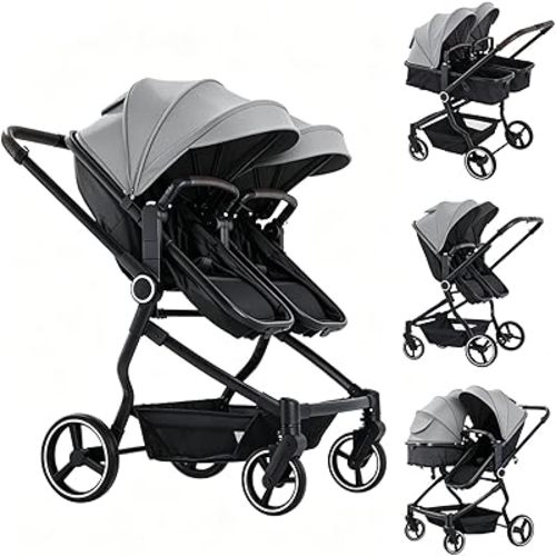 Double Stroller for Infant and Toddler, Lightweight Side by Side Twin Baby Stroller, 26.8" Slim Design Fits Doors, Compact Foldable Travel Stroller, Independent Recline, Gray