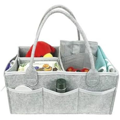 Baby Diaper Caddy Organizer, Felt Storage Basket with Handles, Gray, Rectangular, 15 x 9 x 7 Inches, 3 Compartments, Lightweight, Tabletop Mount