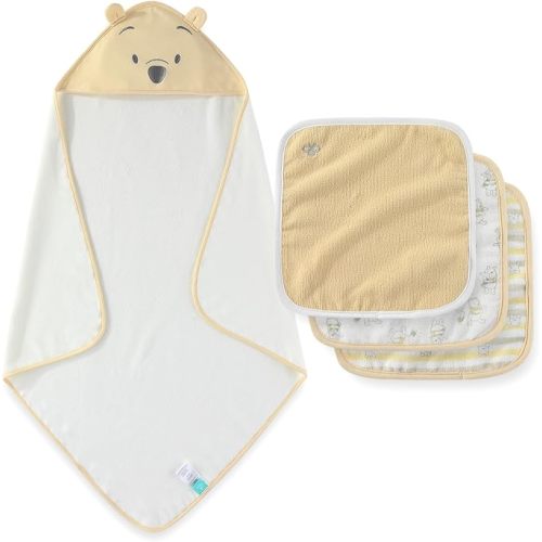 Disney Baby Winnie The Pooh Unisex Hooded Baby-Bath Towel with 3 Washcloths Set for Newborn and Infants