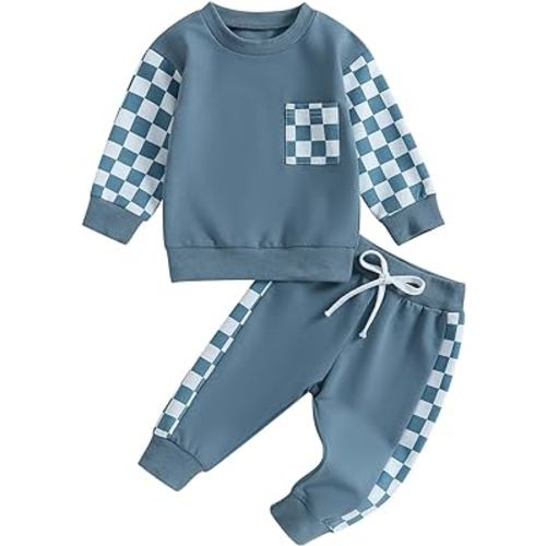 Toddler Baby Boy Fall Outfit Checkerboard Patchwork Long Sleeve Sweatshirts Elastic Waist Pants Cute Newborn Clothes Set