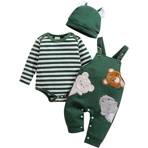Baby Boy Clothes Newborn Striped Romper Fall Outfits + Infant Cartoon Suspender Overall + Cute Hat 3 Pcs 0-18 Months