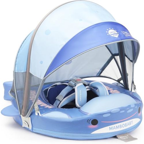 Mambobaby Baby Float with Canopy & Tail Non-Inflatable Baby Swim Float Upgrade Soft Infant Pool Float Sun Protection Newborn Pool Float 3-24 Months Skin-Friendly Material for Toddler Boys Girls