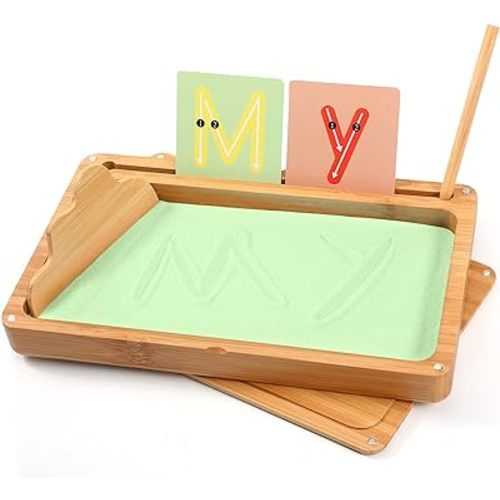 Sand Tray for Classroom Wooden Montessori Sand Tray with Lid for Kids Writing Letters and Numbers, Preschool Classroom Must Haves, Kindergarten Learning Tools (Green)