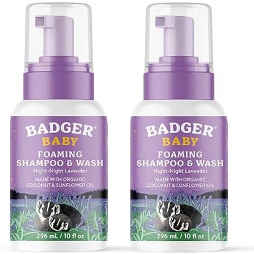 Badger Foaming Baby Shampoo and Body Wash, Gentle Organic Baby Wash w/Mild Calming Scent of Lavender, Long Lasting Foam & Easy to Use Sustainable Bottle, 10 fl oz, 2-Pack