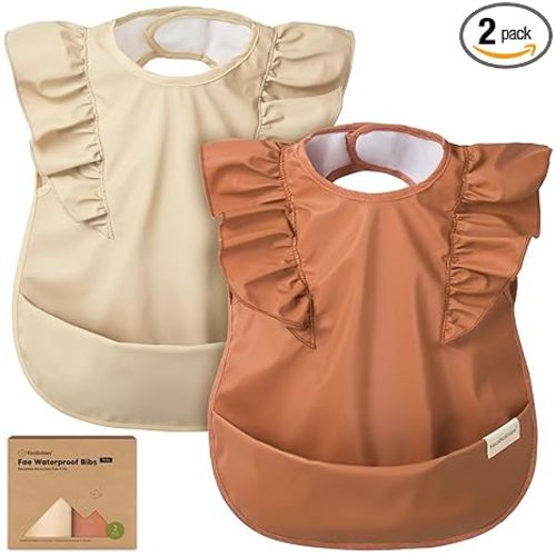 KeaBabies Waterproof Bibs for Baby Girl,Boy – 2-Pack Lightweight, Large Baby Bibs for Eating, Wearable Food Catcher, 6-12 Months Infant Feeding Essentials, Smock for Toddlers 1-3, Kids (Terracotta)