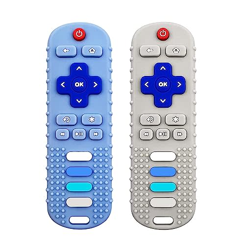ROBBEAR Baby Teething Toys, Food Grade Silicone Teether for Babies 3 6 12 18 Months, TV Remote Shape Toddlers Chew Toys, Freezer BPA Free (Blue+Beige)