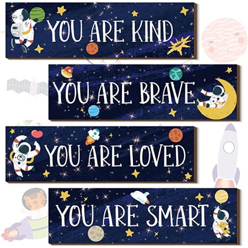 Yookeer 4 Pcs Space Room Decor for Kids Boys Outer Space Wall Art Bedroom Decor for Nursery Classroom Astronaut Galaxy Posters Spaceman Wood Sign Be Brave and Be Kind for Baby Boy(You)