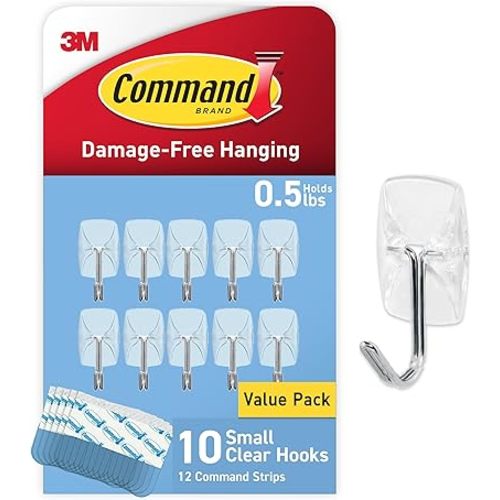 Command Small Clear Wire Toggle Hooks, 10 Hooks and 12 Command Strips, Damage Free Hanging Wall Hooks with Adhesive Strips, Adhesive Hooks for Hanging, Organization and Storage, Holds up to 0.5 lb