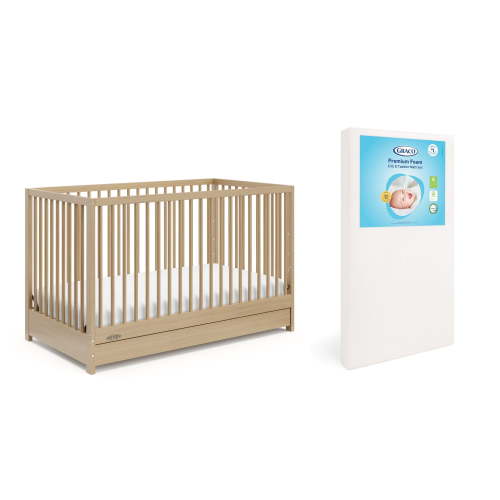 Graco Teddi 5-in-1 Convertible Crib with Drawer and Premium Crib & Toddler Mattress Bundle, Driftwood