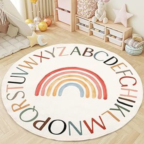 Nursery Rug Round Rainbow Classroom Rug Elementary, Non-Slip Rainbow Rug for Girls Room, Extra Large Learning Carpet for Kids Playroom, Circle Play Mat for Toddlers