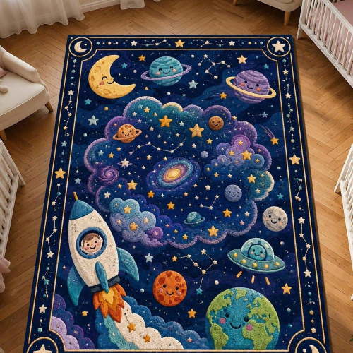 [Room Decor Rug]Carpet Space Nursery Rug For , Galaxy Playroom Area Rug, Rocket Astronaut Carp