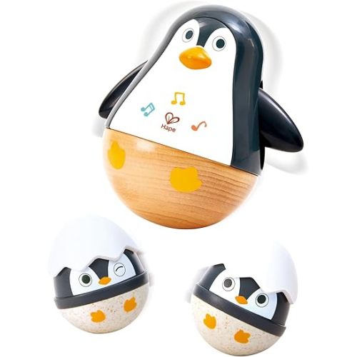 Hape Wobbling Penguin Family Baby Toys, 3-in-1 Rattle & Musical Sensory Toys for Babies 6-12-24 Months, Food-Grade Silicone Teething Toys, Montessori Penguin Wobbler for Infant Toddler Gift