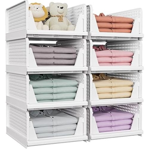 SNSLXH 8 Pack Stackable Closet Storage Bins, Multifunctional & Foldable Closet Organizers and Storage for Bathroom Kitchen Laundry Room Drawer Shelf Storage, Space-Saving Wardrobe Organizer, White