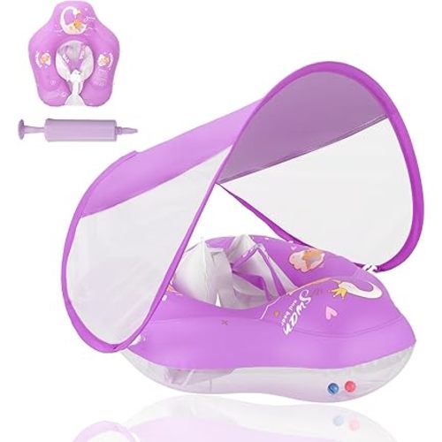 LOOWARTS Baby Pool Float with Canopy Infant Swim Float Baby Floatie with UPF50+ Sun Protection Baby Swimming Float with Safety Seat for Toddler from 3 to 36 Months(S:3-12 Months/L:6-36 Months)
