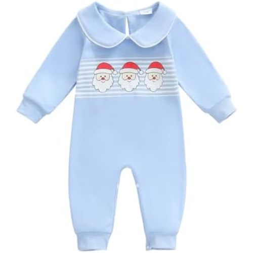 Bagilaanoe Infant Baby Boy Christmas Outfit One Piece Romper Santa Claus Embroidery Collared Long Sleeve Jumpsuit Clothes