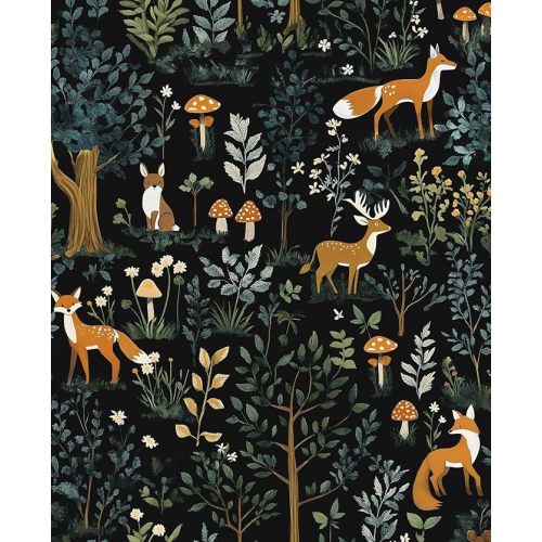 Dark Animal Peel and Stick Wallpaper, Vintage Floral Forest Fox Wallpaper for Nursery Kid Bedroom Stair Door Cabinet, Removable Vinyl Mushroom Contact Paper Peelable Navy Orange 17.5In x 118In