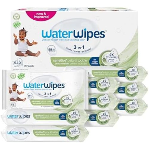WaterWipes Sensitive+ Baby & Toddler Wipes, 3-In-1 Cleans, Cares, Protects, 99.9% Water, Textured Clean, Unscented & Hypoallergenic, 540 Count (Pack of 9)
