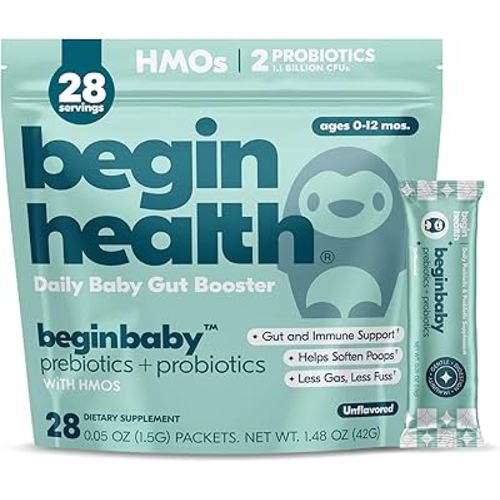 Begin Health BeginBaby Prebiotics and Probiotics for Infants 0-12 Months | Baby Formula Prebiotic + Probiotic Powder with 2'-FL HMO's & B. Infantis for Optimal Digestion | 28-Packs - Unflavored