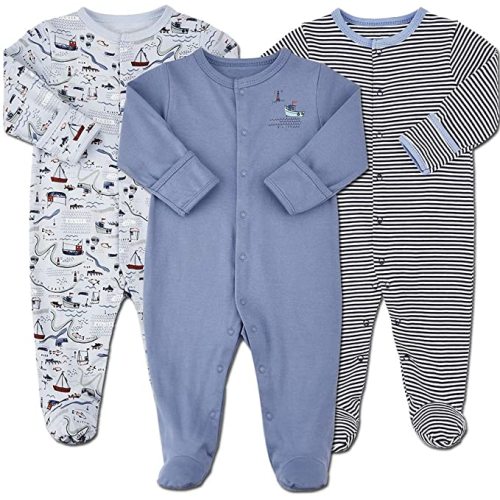 Aablexema Baby Footie Pajamas with Mittens - 3 Pcs Infant Girls Boys Footed Sleeper Newborn Cotton Sleepwear Outfits - 0-3 Months - Blue Stripe(snap)