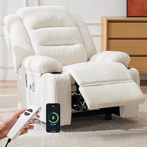 Power Recliner Chair,Electric Reclining Chair for Adults,Adjustable Home Theater Seating Lounge,Recliners for Living Room,Bedroom with Charging Ports,Stripe White
