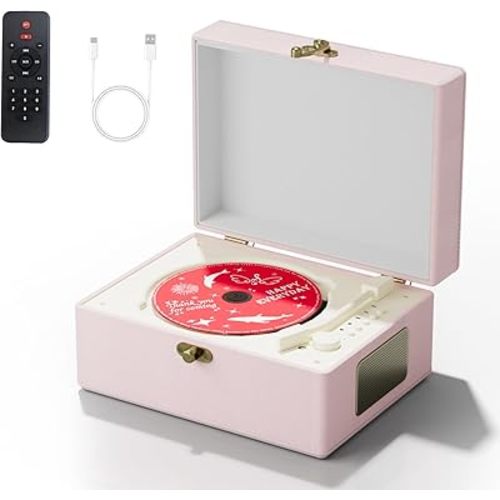 Time Music Box CD Player with Speakers; Bluetooth Transmitter; Festival Gift; BGM Player for Home Decor (Pink)