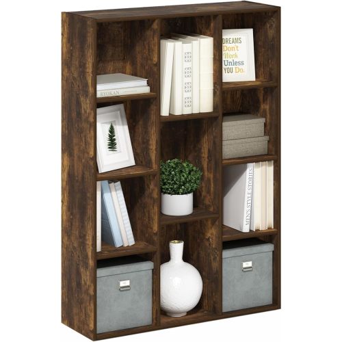 Furinno LUDER Book Shelf, 11-Cube Bookshelf, Reversible Bookcase, 9.4 x 29.1 x 41.7, Easy Assembly, for Living Room, Bedroom, Home Office, Amber Pine