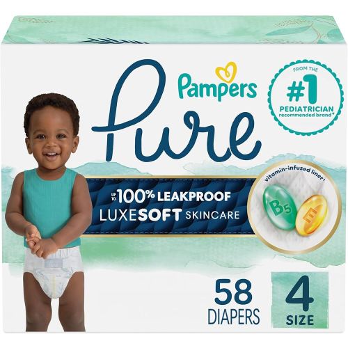 Pampers Pure Protection Baby Diapers, Size 4 (22-37 lbs), 58 Count, Up to 100% Leakproof, Premium Plant-based Skin Protection, Hypoallergenic Soft Diapers
