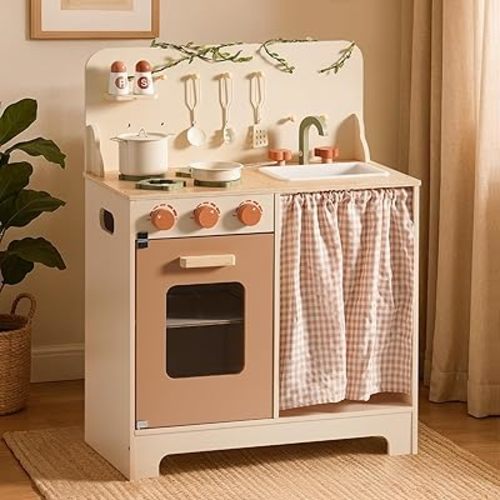 ROBOTIME Kids Play Kitchen Set - Rustic Wooden Pretend Play Kitchen with Leaf Light String, Apron, and Groves, for Toddlers 3+ (Rustic Style)