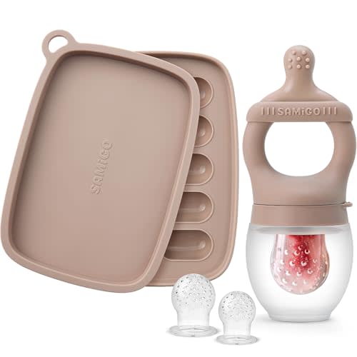 SAMiGO Baby Food Fruit Feeder and Breastmilk Popsicle Mold Set, Silicone Fruit Teether, Food Feeder Pacifier for Teething Relief, Freezer Tray, Baby Feeding Essentials, 4 Months+