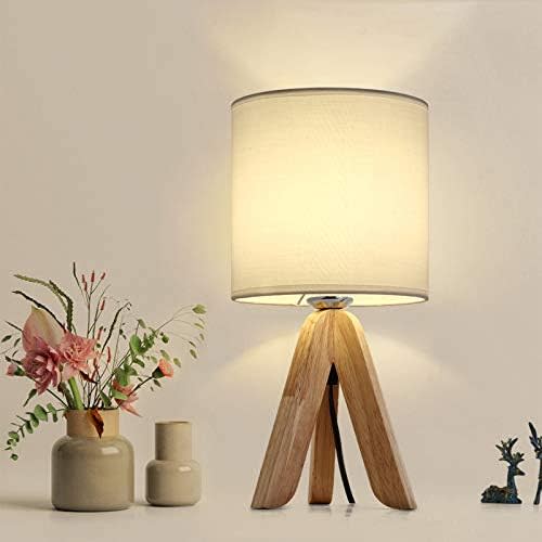 HAITRAL Small Bedside Table Lamp - Wooden Tripod Nightstand Lamp,13.4 Inch